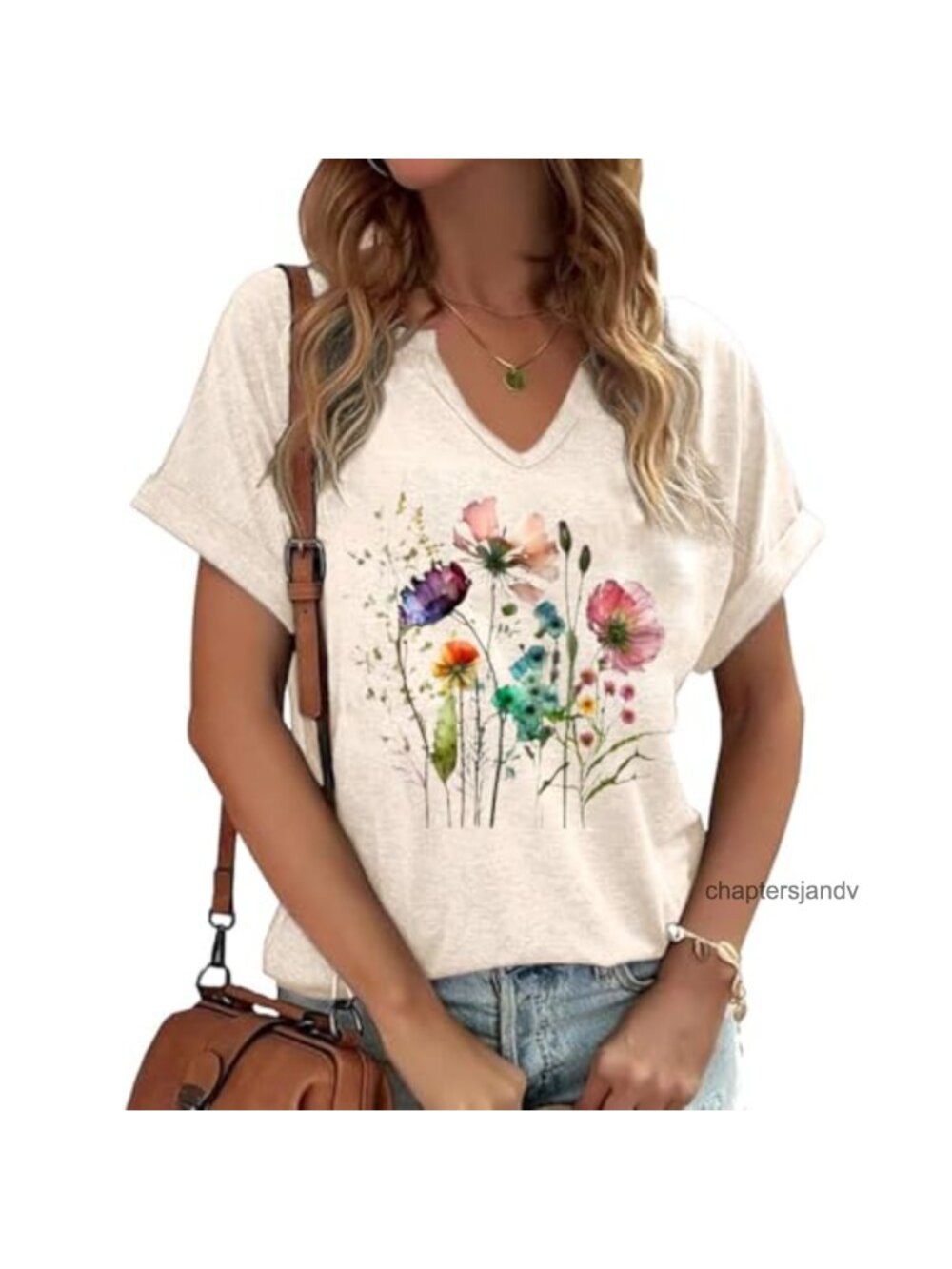 Vintage Floral V-Neck Tee Women Boho Cotton Blend Short Sleeve Cottagecore